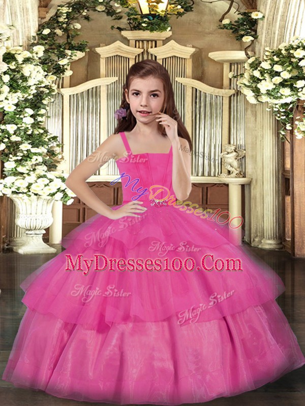 Affordable Hot Pink Lace Up Straps Ruffled Layers Kids Pageant Dress Tulle Sleeveless