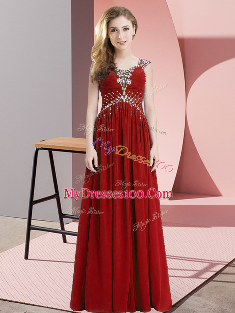 Edgy Floor Length Red Military Ball Gown Chiffon Cap Sleeves Beading