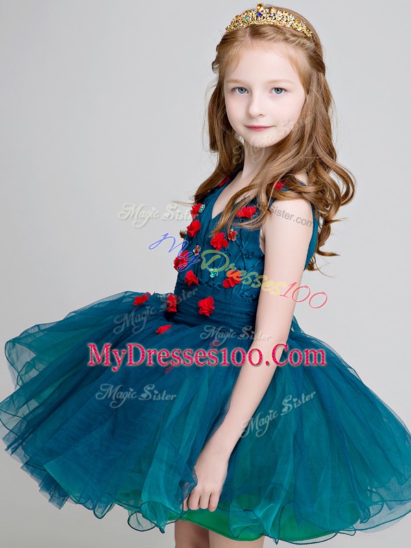 Stylish Ball Gowns Flower Girl Dresses for Less Teal V-neck Organza Sleeveless Mini Length Zipper