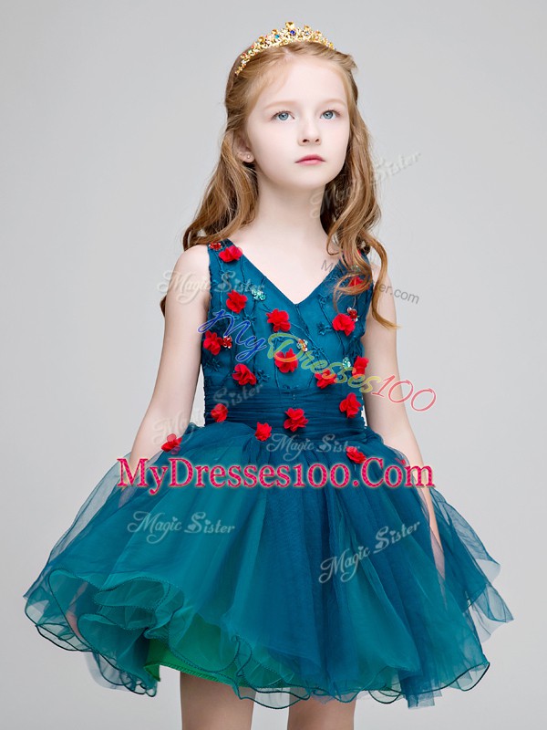 Stylish Ball Gowns Flower Girl Dresses for Less Teal V-neck Organza Sleeveless Mini Length Zipper