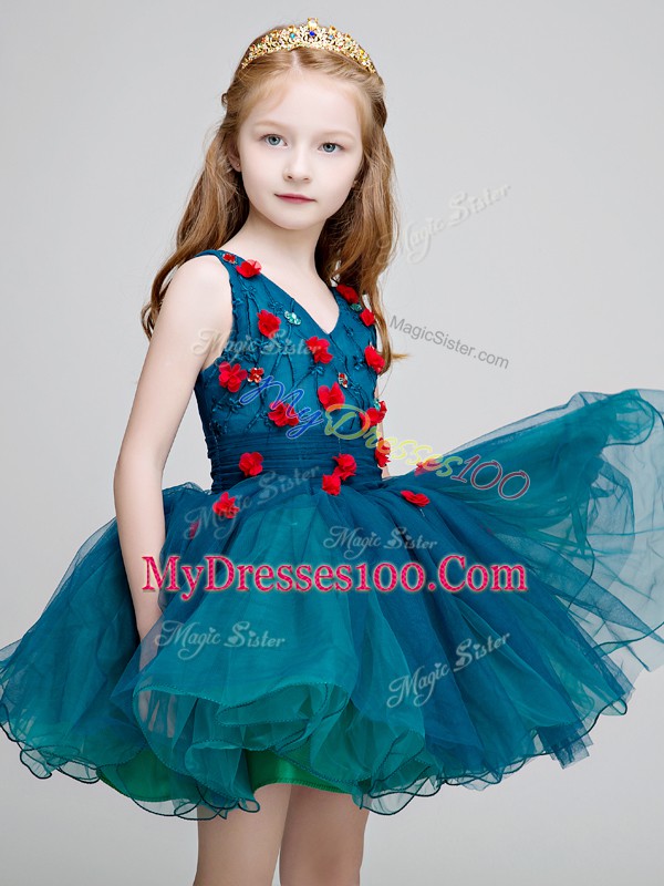 Stylish Ball Gowns Flower Girl Dresses for Less Teal V-neck Organza Sleeveless Mini Length Zipper