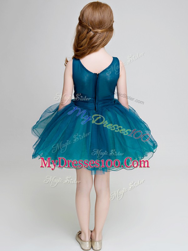 Stylish Ball Gowns Flower Girl Dresses for Less Teal V-neck Organza Sleeveless Mini Length Zipper