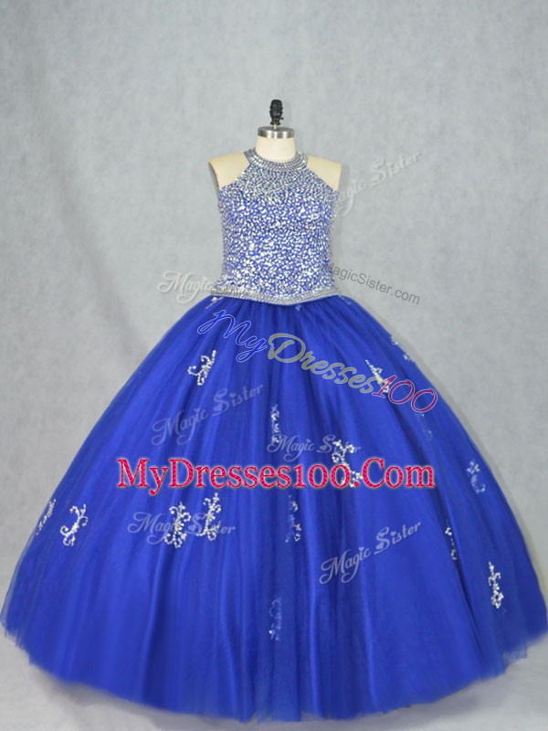 Eye-catching Beading Quinceanera Dresses Blue Lace Up Sleeveless Floor Length