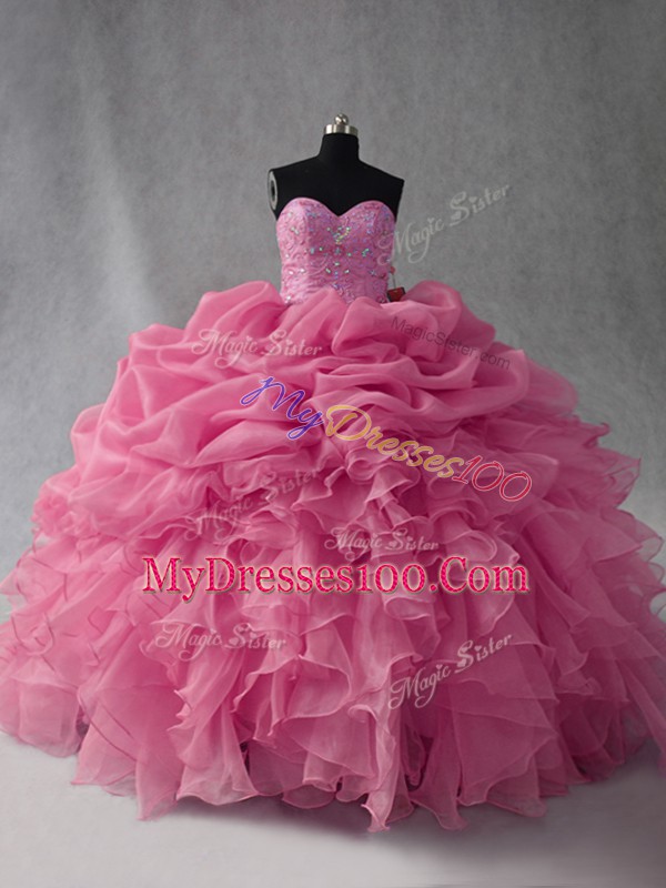 Rose Pink Ball Gowns Beading and Ruffles and Pick Ups Quinceanera Gowns Lace Up Organza Sleeveless Floor Length