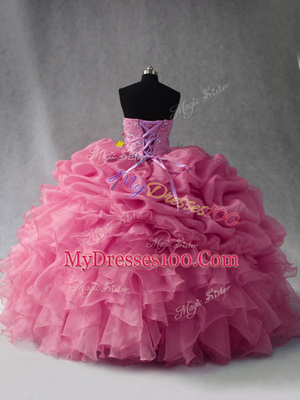 Rose Pink Ball Gowns Beading and Ruffles and Pick Ups Quinceanera Gowns Lace Up Organza Sleeveless Floor Length