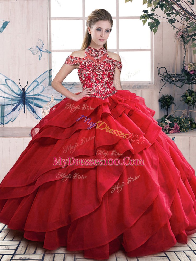 Edgy High-neck Sleeveless Organza Quinceanera Dress Beading and Ruffled Layers Lace Up