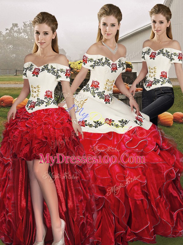 Three Pieces Sweet 16 Quinceanera Dress White And Red Off The Shoulder Organza Sleeveless Floor Length Lace Up
