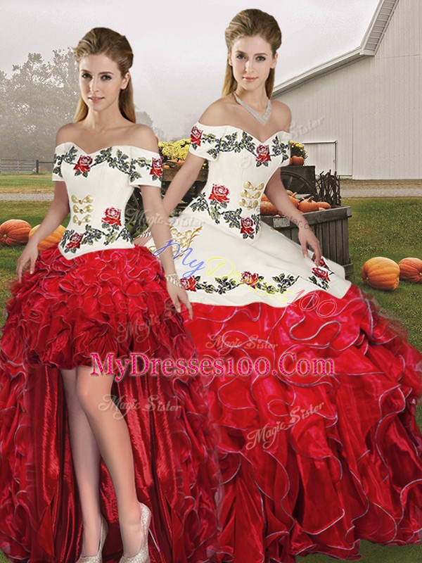Three Pieces Sweet 16 Quinceanera Dress White And Red Off The Shoulder Organza Sleeveless Floor Length Lace Up