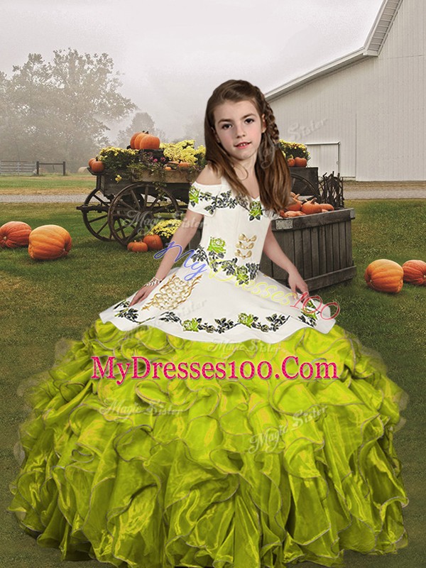 Olive Green Straps Neckline Embroidery and Ruffles Pageant Gowns For Girls Sleeveless Lace Up