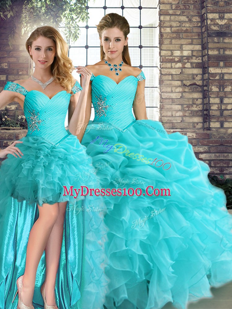 Pretty Aqua Blue Off The Shoulder Lace Up Beading and Ruffles and Pick Ups 15th Birthday Dress Sleeveless