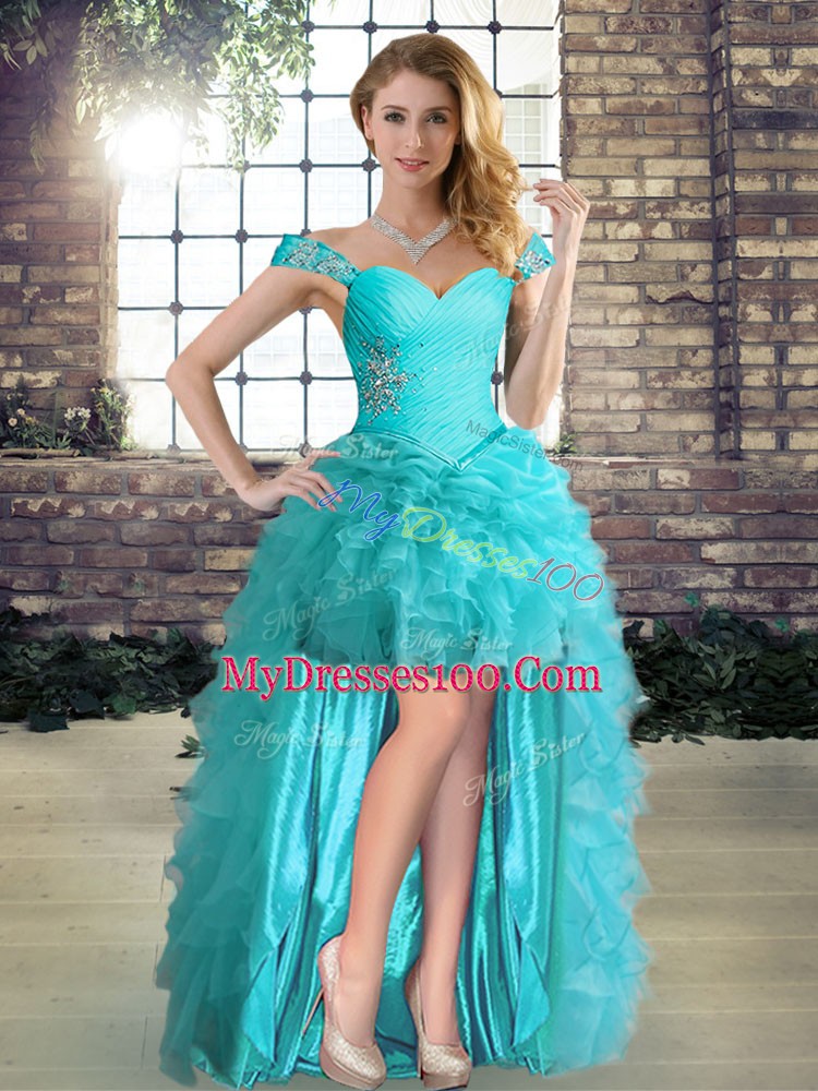 Pretty Aqua Blue Off The Shoulder Lace Up Beading and Ruffles and Pick Ups 15th Birthday Dress Sleeveless