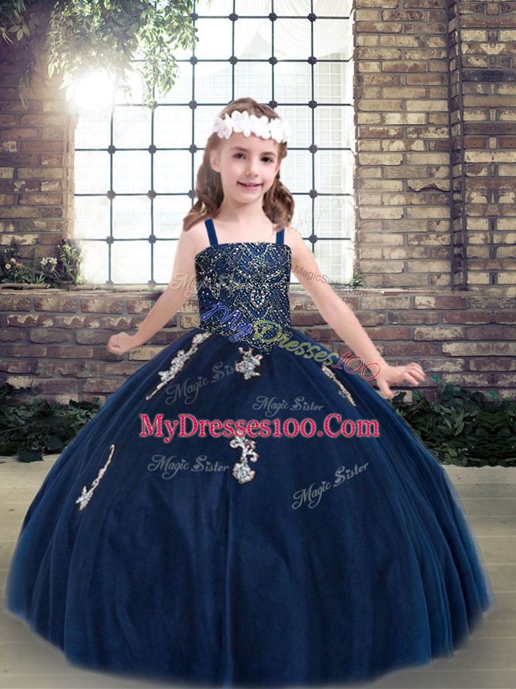 New Style Sleeveless Floor Length Appliques Lace Up Child Pageant Dress with Navy Blue