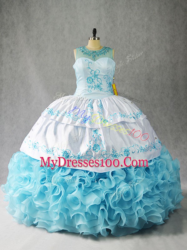 Custom Fit Beading and Embroidery and Ruffles Quinceanera Dress Baby Blue Lace Up Sleeveless Floor Length