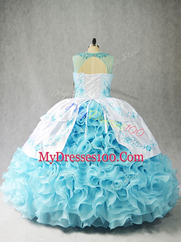 Custom Fit Beading and Embroidery and Ruffles Quinceanera Dress Baby Blue Lace Up Sleeveless Floor Length