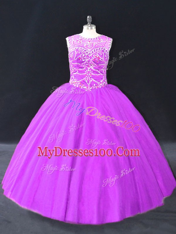 Simple Purple Tulle Lace Up Scoop Sleeveless Floor Length Quinceanera Dresses Beading