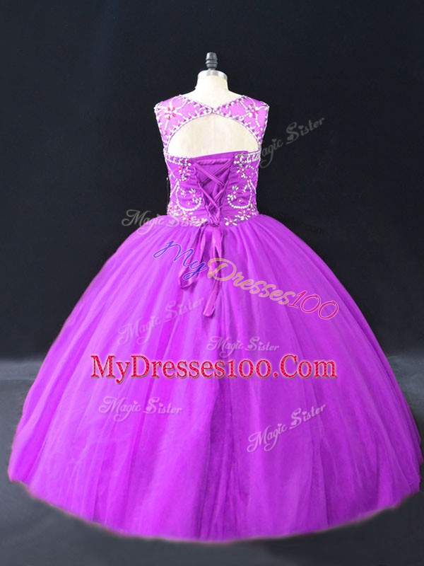 Simple Purple Tulle Lace Up Scoop Sleeveless Floor Length Quinceanera Dresses Beading