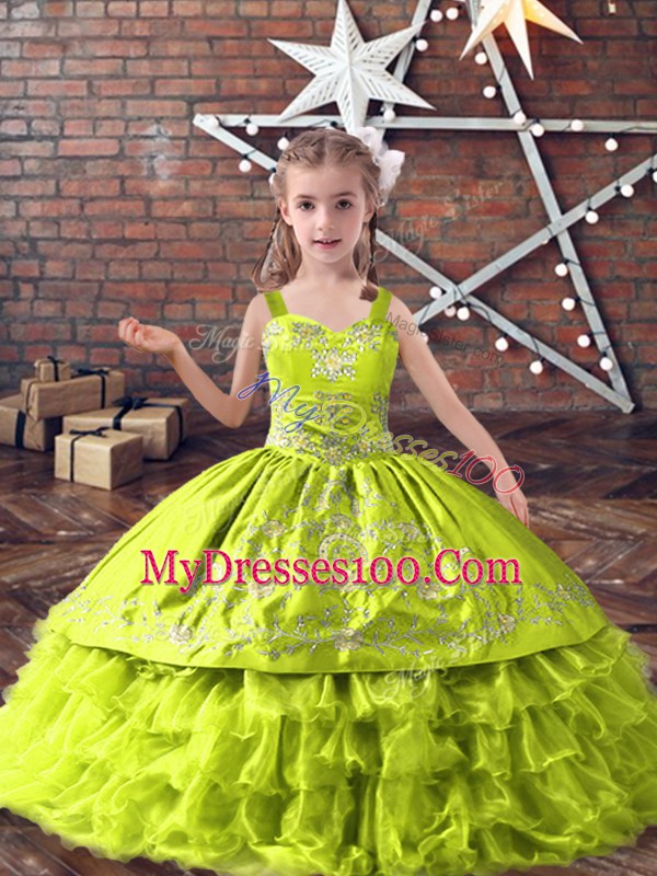 Sleeveless Lace Up Floor Length Embroidery and Ruffled Layers Little Girls Pageant Dress Wholesale