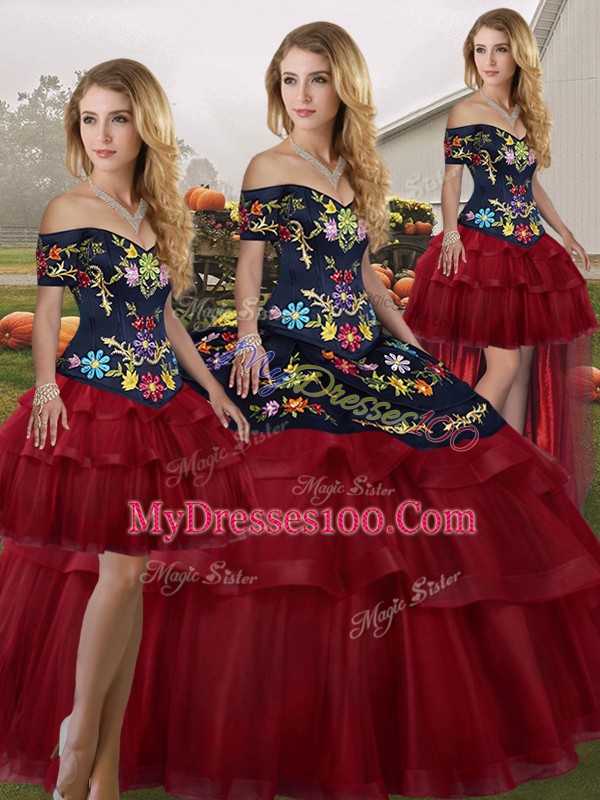 Beautiful Brush Train Ball Gowns Quince Ball Gowns Wine Red Off The Shoulder Tulle Sleeveless Lace Up