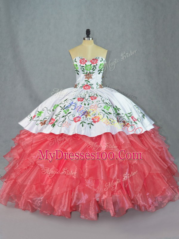 Decent Watermelon Red Satin and Organza Lace Up Sweet 16 Dress Sleeveless Embroidery and Ruffles