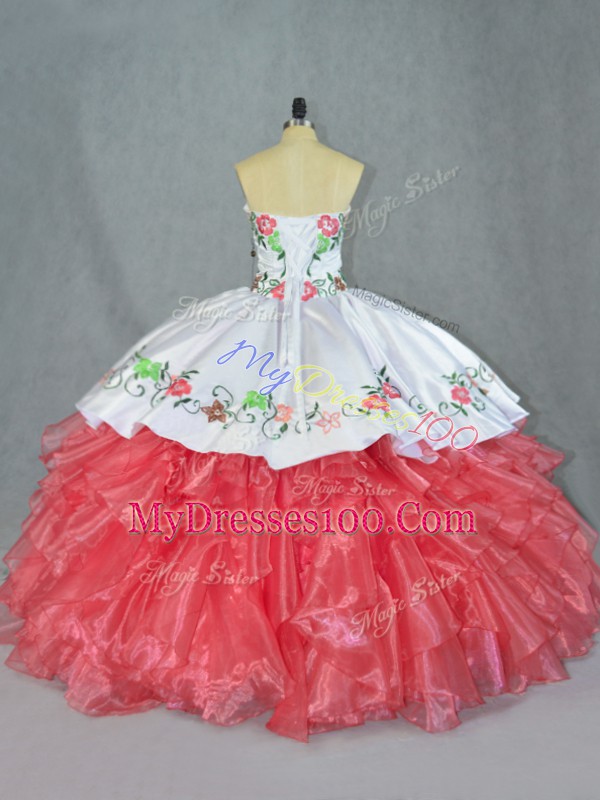 Decent Watermelon Red Satin and Organza Lace Up Sweet 16 Dress Sleeveless Embroidery and Ruffles