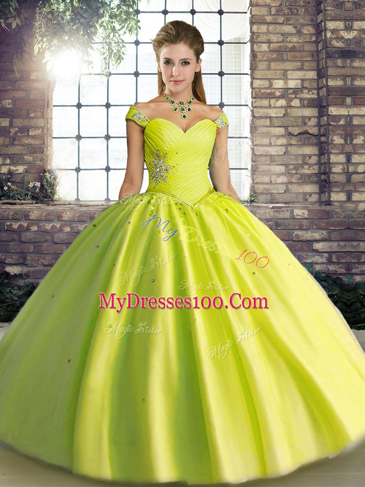 Yellow Green Lace Up Quince Ball Gowns Beading Sleeveless Floor Length