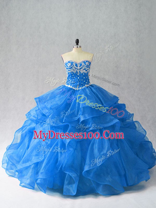 Blue Sleeveless Floor Length Beading and Ruffles Lace Up Quinceanera Dresses