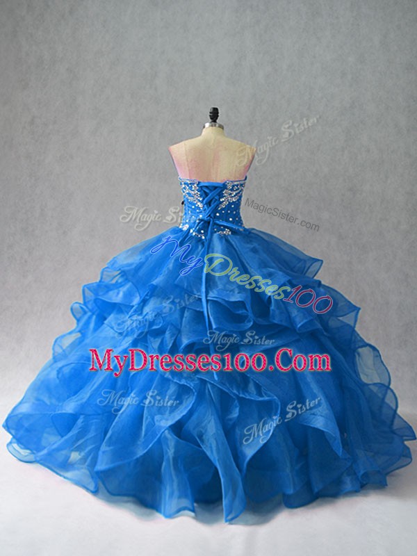 Blue Sleeveless Floor Length Beading and Ruffles Lace Up Quinceanera Dresses