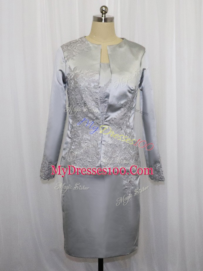 Ideal Grey Zipper Square Lace and Appliques Prom Dresses Satin Sleeveless