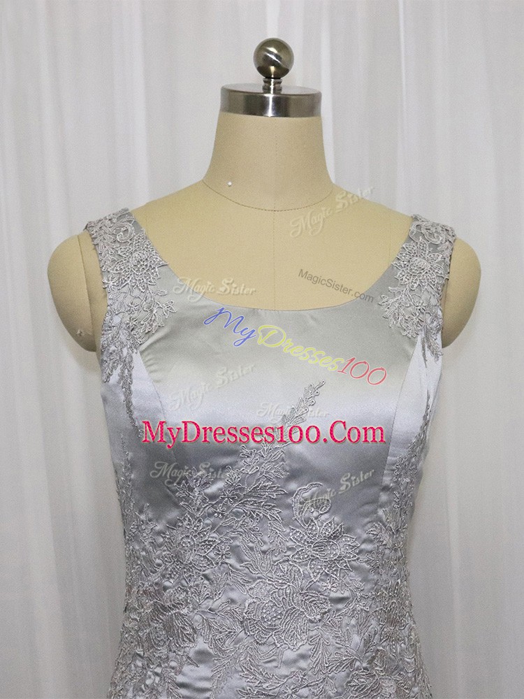 Ideal Grey Zipper Square Lace and Appliques Prom Dresses Satin Sleeveless