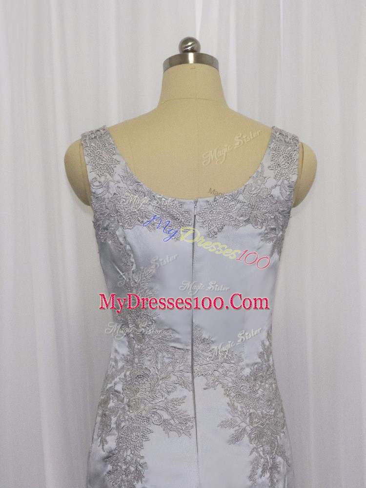 Ideal Grey Zipper Square Lace and Appliques Prom Dresses Satin Sleeveless