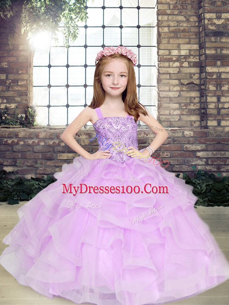 Latest Straps Sleeveless Lace Up Girls Pageant Dresses Lavender Tulle