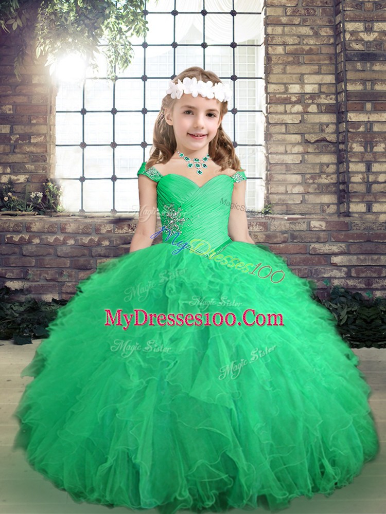 Hot Sale Straps Long Sleeves Little Girls Pageant Dress Wholesale Floor Length Beading and Ruffles Turquoise Tulle