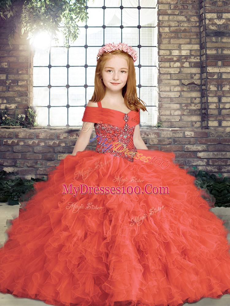 Latest Red Sleeveless Beading Floor Length High School Pageant Dress