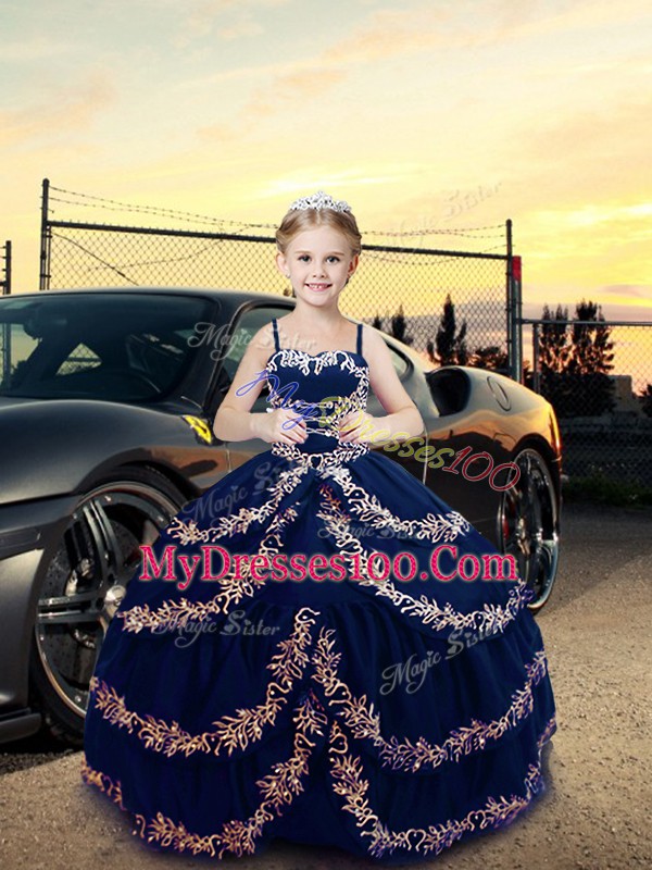 Floor Length Navy Blue Little Girl Pageant Gowns Satin Sleeveless Embroidery