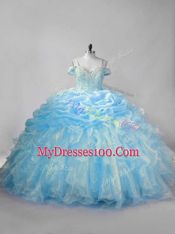 Charming Lace Up Quinceanera Gowns Baby Blue for Sweet 16 and Quinceanera with Beading and Ruffles and Pick Ups Brush Train