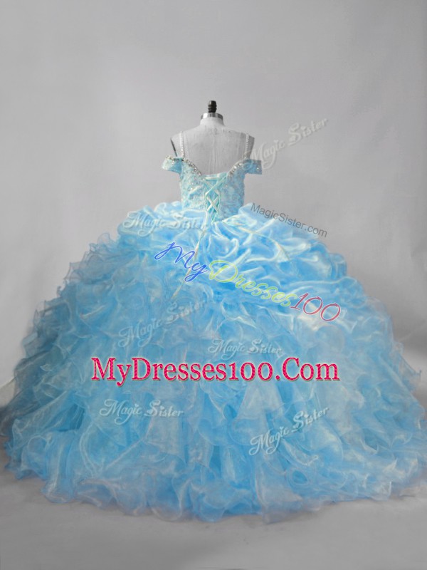 Charming Lace Up Quinceanera Gowns Baby Blue for Sweet 16 and Quinceanera with Beading and Ruffles and Pick Ups Brush Train