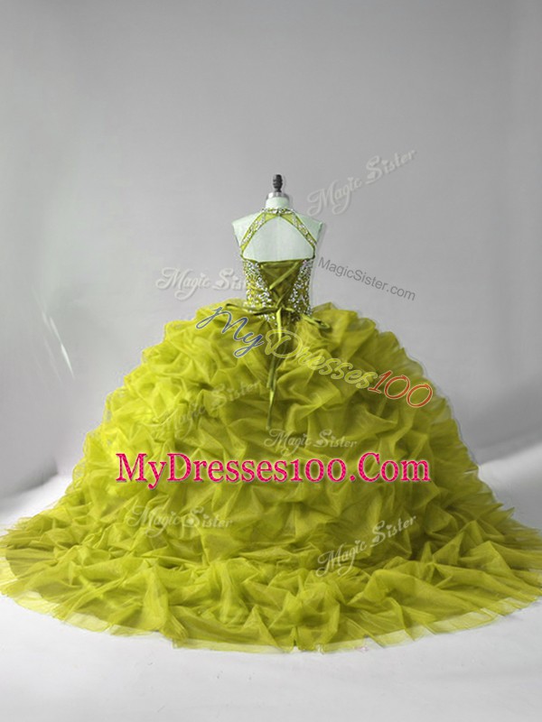 Edgy Olive Green Sleeveless Court Train Beading and Pick Ups Sweet 16 Dresses