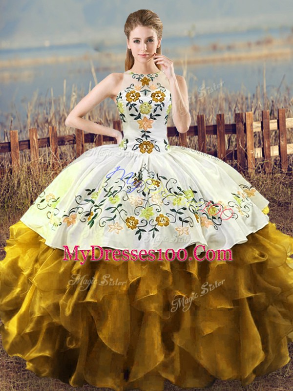 Great Brown Organza Lace Up Quinceanera Gown Sleeveless Floor Length Embroidery and Ruffles