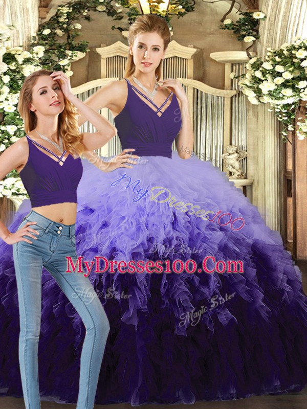 Great Purple and Multi-color V-neck Backless Beading and Ruffles Quinceanera Dresses Sleeveless