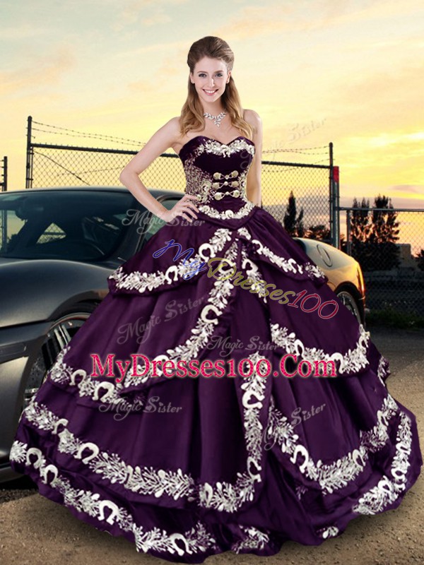 Popular Floor Length Lace Up 15 Quinceanera Dress Purple for Sweet 16 and Quinceanera with Embroidery and Ruffled Layers