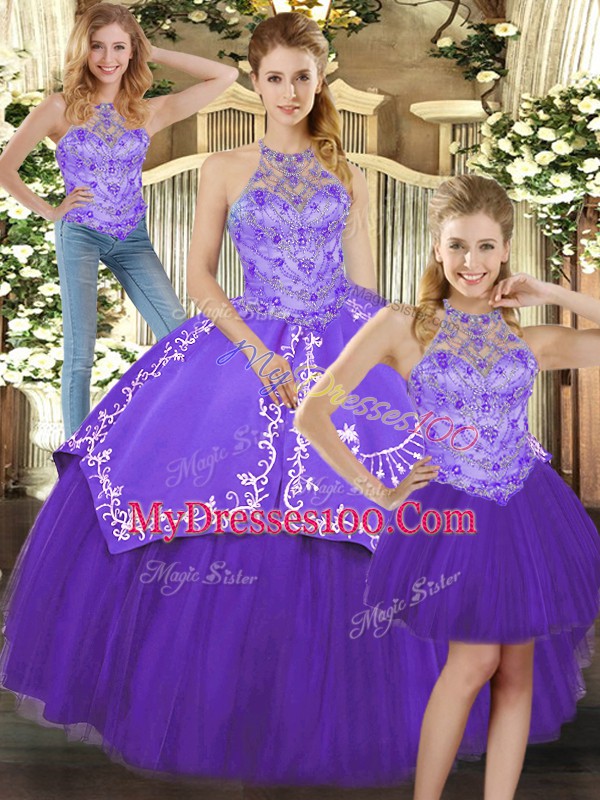 Customized Purple Sleeveless Floor Length Beading and Embroidery Lace Up Ball Gown Prom Dress