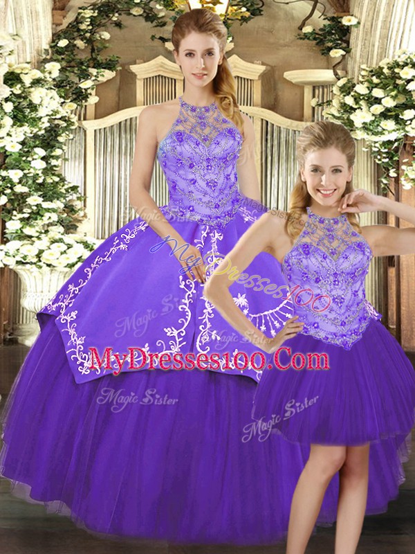 Customized Purple Sleeveless Floor Length Beading and Embroidery Lace Up Ball Gown Prom Dress