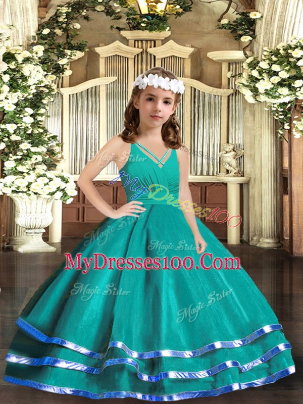 Turquoise Zipper Little Girls Pageant Dress Wholesale Ruffled Layers Sleeveless Floor Length
