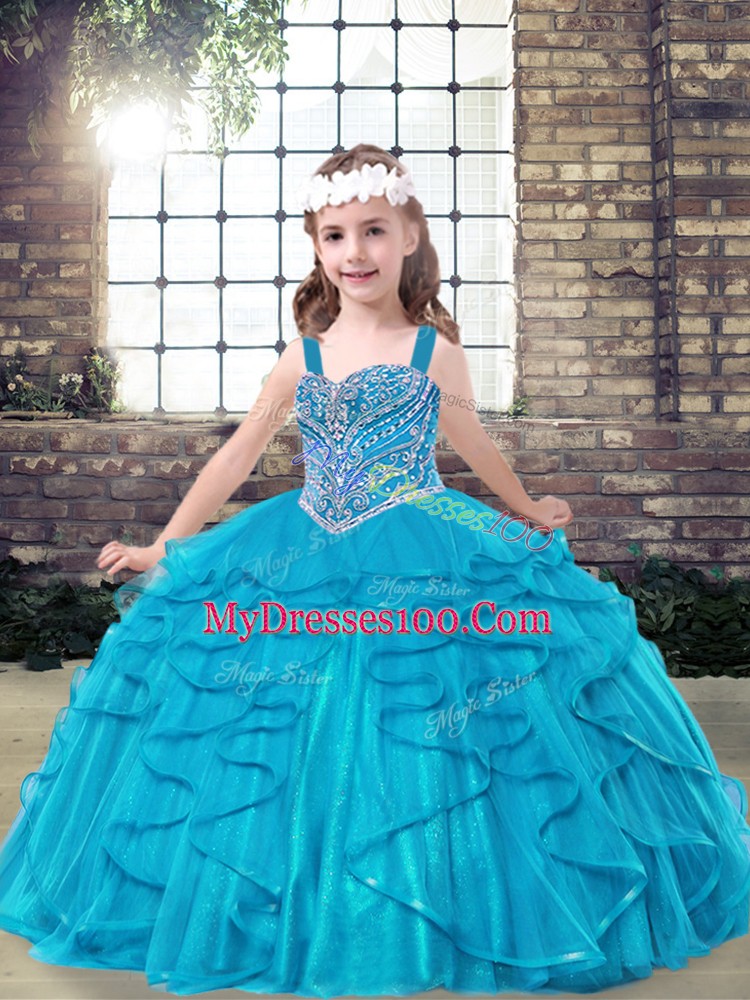 Tulle Sleeveless Floor Length Little Girls Pageant Gowns and Beading and Ruffles