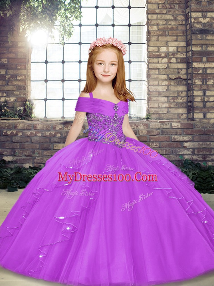 Floor Length Lace Up Little Girls Pageant Dress Lilac for Party and Sweet 16 and Wedding Party with Beading