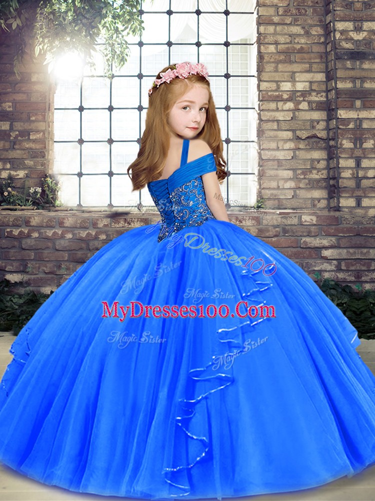 Floor Length Lace Up Little Girls Pageant Dress Lilac for Party and Sweet 16 and Wedding Party with Beading