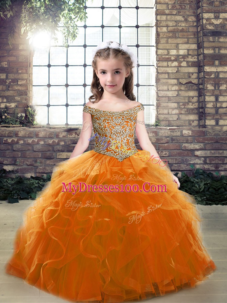 Excellent Orange Lace Up Off The Shoulder Beading Little Girls Pageant Dress Tulle Sleeveless