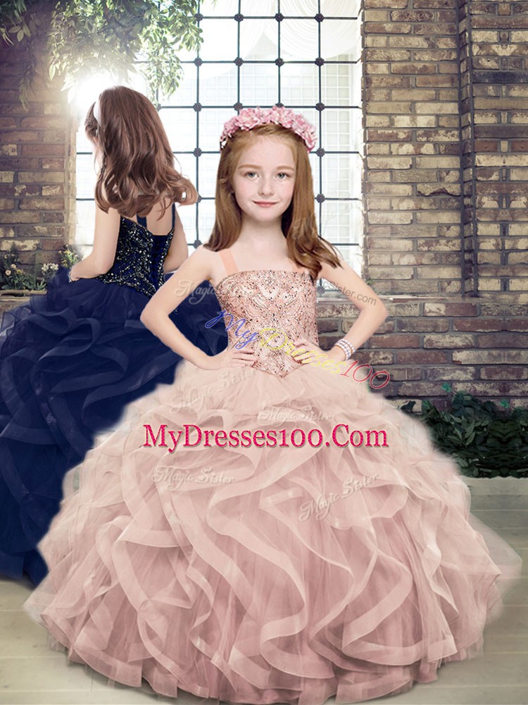 Floor Length Pink Kids Formal Wear Straps Sleeveless Lace Up