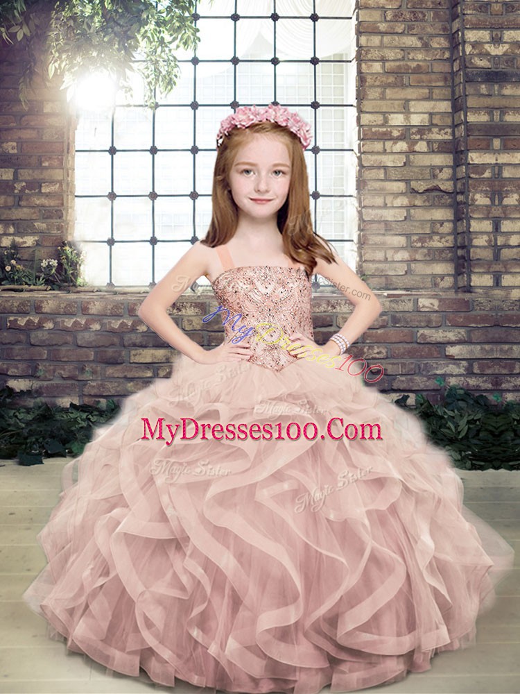Floor Length Pink Kids Formal Wear Straps Sleeveless Lace Up