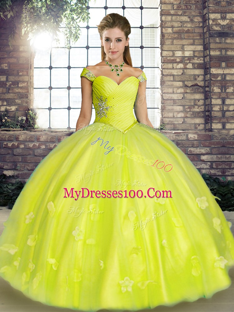 Beauteous Tulle Off The Shoulder Sleeveless Lace Up Beading and Appliques Quinceanera Dress in Yellow Green